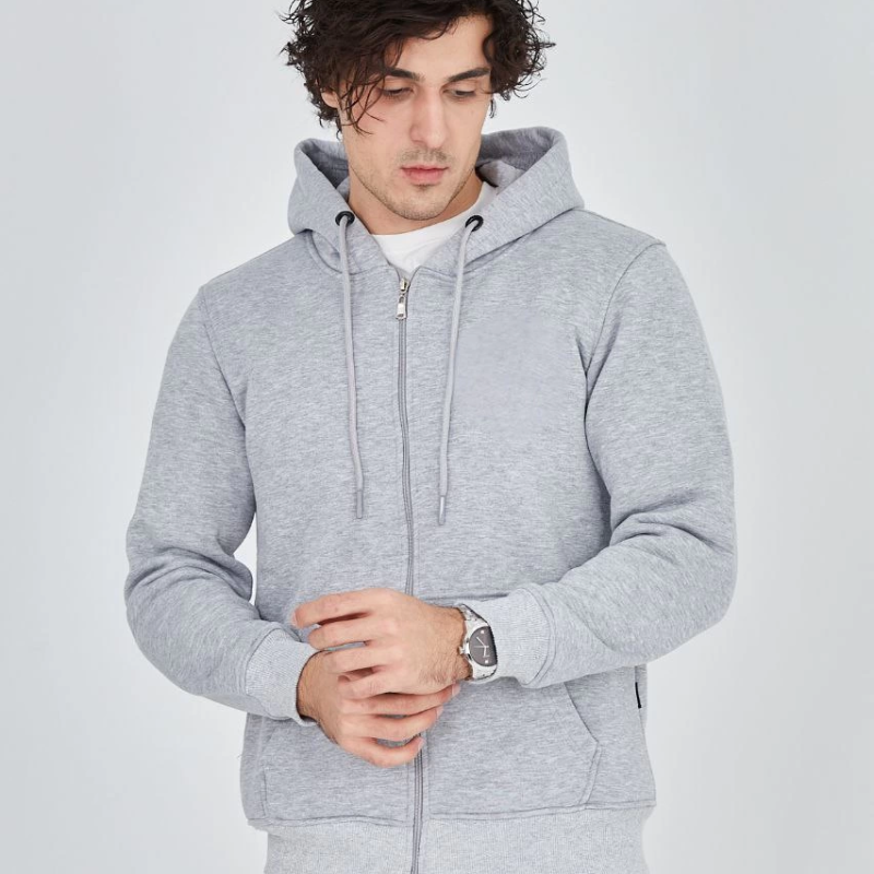 Tam Fermuarlı Kapşonlu  SweatShirt - Gri